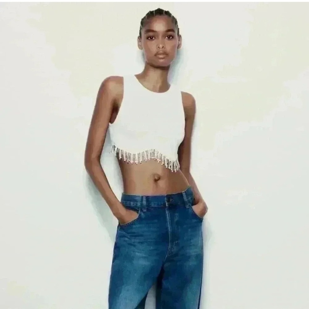 NWT Zara White Cropped Tank Top with Beaded Fringe